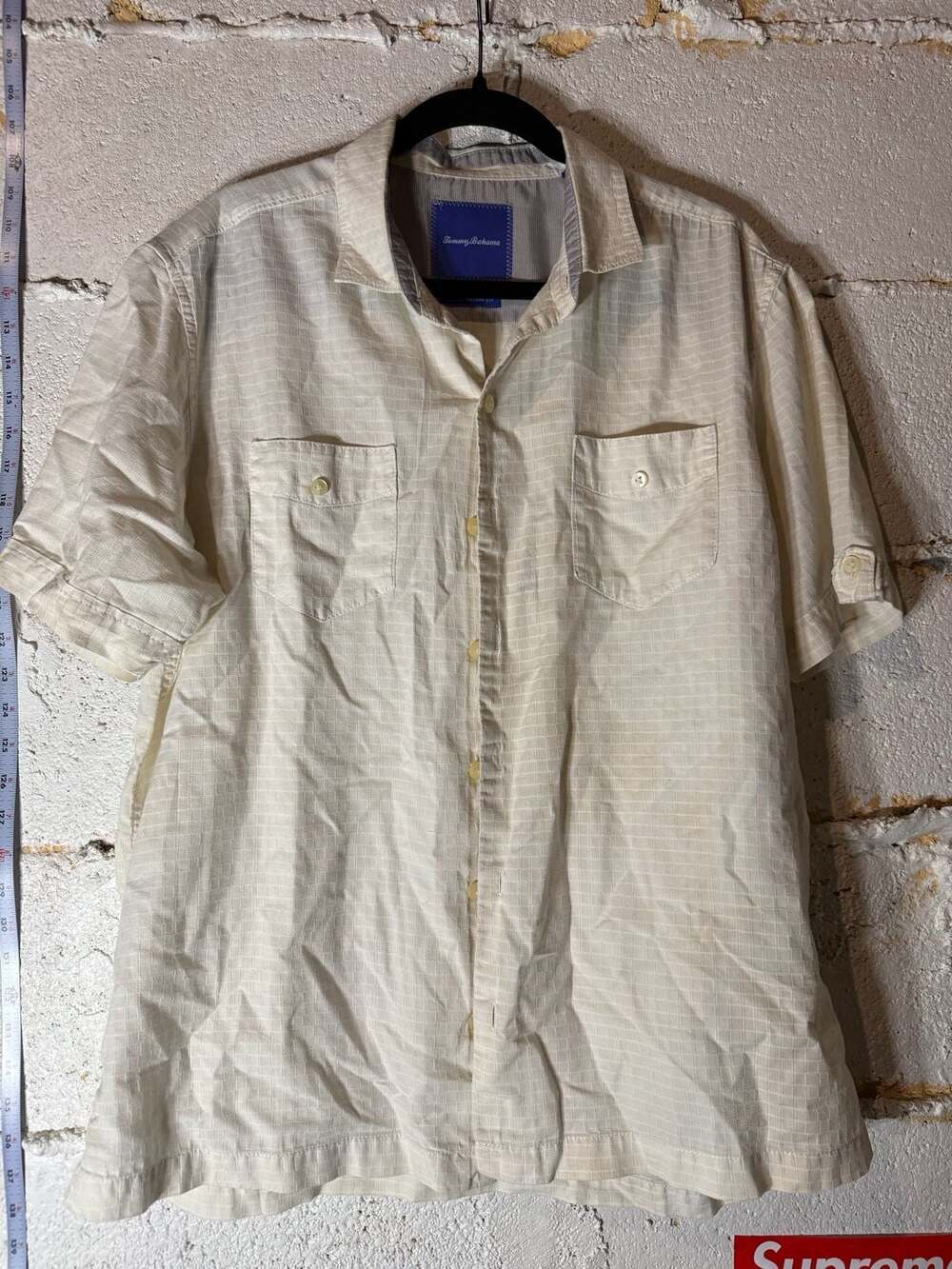 Tommy Bahama Men's Large Cotton Silk Textured Check Short Sleeve Button Up Shirt